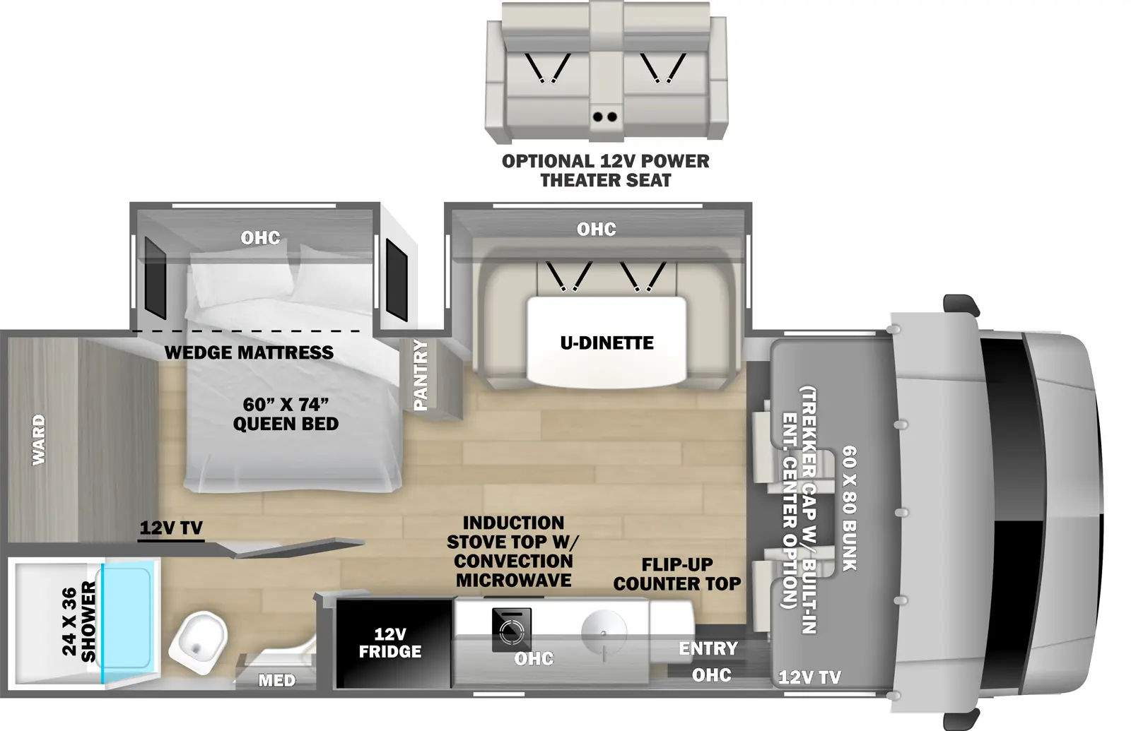 The 2400DSB has two slideouts and one entry. Interior layout front to back: front cab with bunk above (trekker cap with built-in entertainment center optional), and 12V TV; off-door side slideout with u-dinette and overhead cabinet (optional 12V power theater seat); door side entry, overhead cabinet, flip-up counter top, kitchen counter with sink, overhead cabinet, induction stove top with convection microwave, and 12V refrigerator; off-door side pantry, queen bed slideout with wedge mattress and overhead cabinet, rear wardrobe, and 12V TV along inner wall; rear door side full bathroom with medicine cabinet.